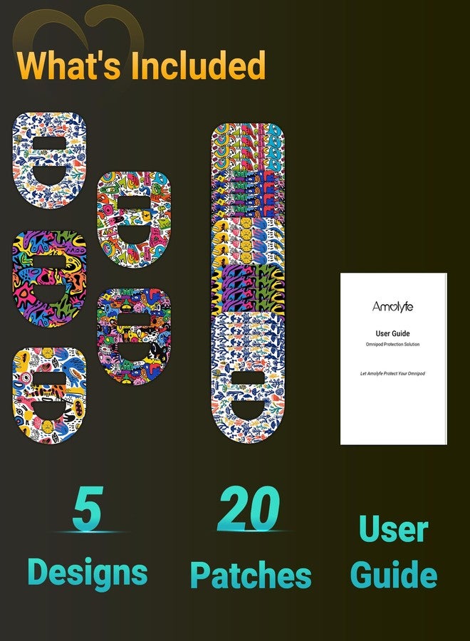 Amolyfe Omnipod 5 Adhesive Patches Waterproof, 20 Pack Amolyfe Omnipod Overpatches with Stretchable Strap, Breathable, Long-Lasting Medical Adhesive, Premium Hinged Tin (Graffiti) - Image 2